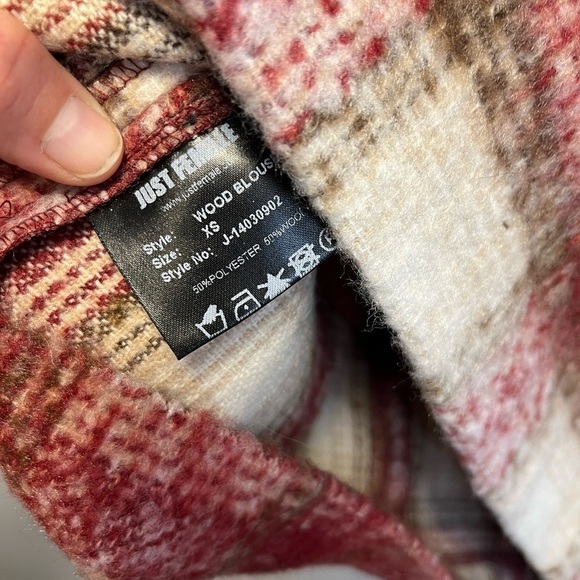 Just Female Plaid Wood Blouse Wool Blend Mock Neck - Picture 7 of 11